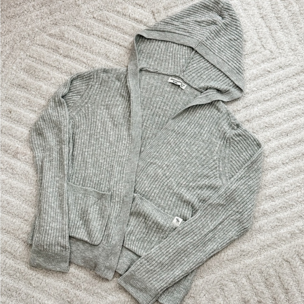 Like New! Abercrombie Kids Gray Chenille Hooded Open Front Cardigan - Size 13/14